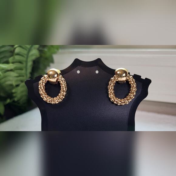 90s Revival Beaded Gold Circle Earrings - Door Knocker Style - Picture 1 of 7